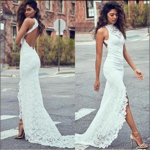 Sexy Sheath Beach Wedding Dress Halter Neckline Fitted Side Split Open Back Court Train Ivory Color Full Lace Bridal Gowns205q