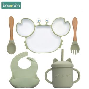 Cups Dishes Utensils Baby Dish Bowls Plates and Spoons Set Crab Kawaii Food Silicone Feeding Bowl Non Slip Babies Tableware Kids Stuff 230602