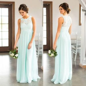 2023 Mint Green Lace Country Bridesmaids Dresses Long Sheer Jewel Neck Chiffon Wedding Guest Dress Floor Length Cheap Maid Of Honor Gowns