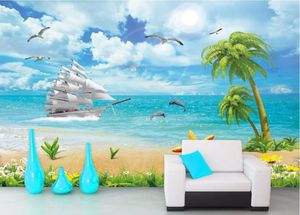 Bakgrunder Anpassad väggmålning 3D -tapet Dolphins Coconut Boat Scenery Heminredning Målningsväggmålningar för vardagsrumsväggar 3 D