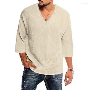 Men's T Shirts US Size Man Casual Solid V-neck Medium Long Sleeved Tops & Tees 2023 Summer Men's Cotton Linen Blended T-Shirts