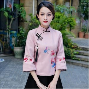 Etniska kläder Sheng Coco Pretty Pink Chinese Qipao Shirt Woolen Retro Tops Flowers Dragonfly Brodery Women Cheongsam 4xl Autumn Blue