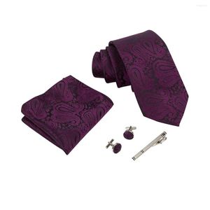 蝶ネクタイIkepeibao Men Paisley NecktieセットDarkviolet Pocket Square Metal Cufflinks and Clip Black Geometric Hombre Purple
