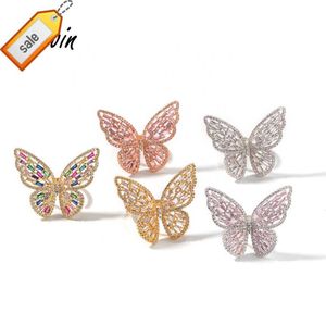 Hip Hop Pink Butterfly Ring Cubic Zirconia Gold Plating Baguette CZ Toe Finger Ring Women Rapper Bling Jewelry
