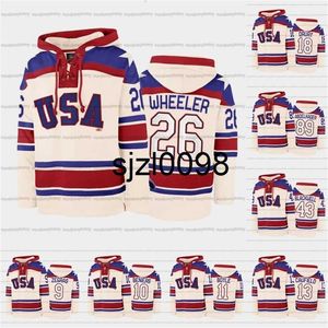 Sj98 USA Hockey Team Lace-Up Relate Hoodie Jersey Custom 9 Trevor Zegras 26 Blake Wheeler 18 Jack Drury 43 Colin Blackwell 11 Brian Boyle 12 Alex