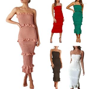 Sıradan Elbiseler Çiçek Midi Kokulu Bodycon Elbise Kadınlar Kare Boyun Fırfır Spagetti Kayışı 10cd