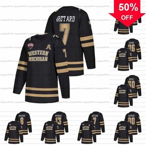 Mag A3740 Custom West Michigan Broncos Black NCAA College Hockey NCHC Jersey 7 Ronnie Attard 26 Ethen Frank 8 Jamal Mayers 13 Drew Worrad 21 Josh