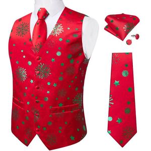 Vests Christmas Red Suit Men Waistcoat Neck Tie Pocket Square Cufflinks Set Green Snowflake Ball Print Vest Family Party Men Clothing