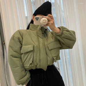 Women's Trench Coats Chic Winter Stand-up Collar Double Pockets Tooling Jacket Loose Warm High Waist Cotton Coat Padded Parka Streetwear