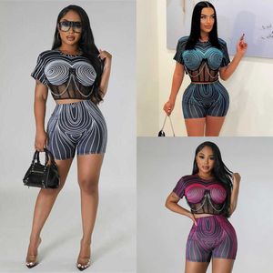 Women's Tracksuits Fish Bone Mesh Perspective Chain Splice Top High Waist Shorts Line Printing Set Two Piece Set