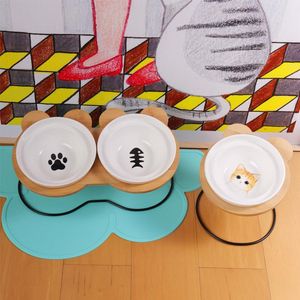 Highend Pet Bowl Bambu Raf Seramik Besleme ve Köpekler ve Kediler İçin İçme Kaseleri Sevimli Köpek Kase Pet Besleyici Aksesuarları