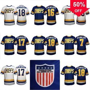 Mag MitNess Hanson Brothers Charlestown Hockey Jersey #16 Jack #17 Steve #18 Jeff 7 Slapshot Movie Jerseys Blue White