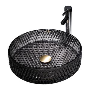 Set di vanità per lavabo da bagno in cristallo con lavabo da appoggio in vetro diamantato rotondo di lusso KS09