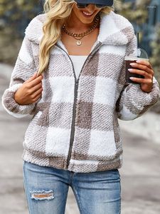 Damenjacken Herbst Winter Plaid Samt Fleece Verdickte schicke Jacke Frauen Reverskragen Vollärmeliger Reißverschlussmantel