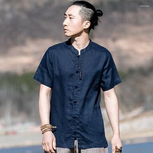 Ethnic Clothing Summer 2023 Chinese Style Men Shirt Cotton Solid Color Mandarin Collar Retro Tang Suit Short Sleeve Tops Casual Camisas