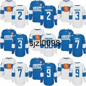 SJ98 2016 Puchar Świata Hockey Finland Drużyna Jersey 2 Jyrki Jokipakka 3 Olli Maatta 7 ESA Lindell 9 Mikko Koivu Custom Hockey Jerseys