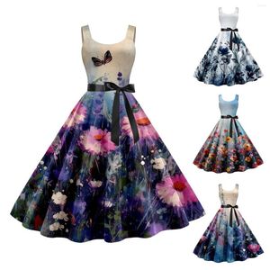 Casual Dresses Vintage Cocktail For Women Sleeveless Knee Length Retro A Line Flared Swing Formal Prom Comfy Summer