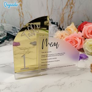 Placas de número de mesa de acrílico semi-arqueadas personalizadas para festas de casamento, festas, festivais e decorações 230603