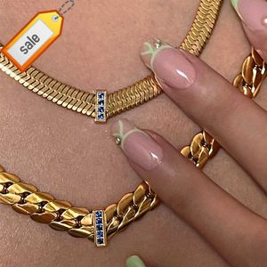 New 18k Gold Plated Tarnish Free Stainless Steel Cnc Blue Zircon Inlaid 7.5mm Blade Chain V Necklace Beach Wave Jewelry