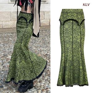 Kleider Frauen Hohe Taille Fischschwanz Maxi Langer Bleistiftrock Haruku Blumendruck Spitzenbesatz Ausgestellter Saum Ästhetische Wrap Streetwear 6xda