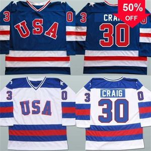 Mag Mit Mens 30 Jim Craig Jersey 1980 Miracle On Ice Hockey Maglie 100% ricamo cucito Team USA Hockey Maglie Blu Bianco S-3XL