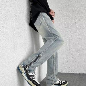 Men's Jeans 2023 Men Spring Autumn High Street Loose Zippers Straight Denim Pants Male Streetwear Solid Color Trousers F171