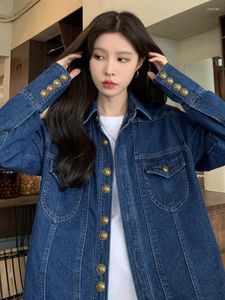 Women's Jackets Women Design Denim Blouses Female Mid Length Double Pocket Jean Shirts Single-Breasted Slim Gold Button