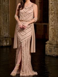 Stunning Evening Dresses with Wrap Long Formal Gowns Scoop Beaded Stretch Tulle Split Sweep Train Shining