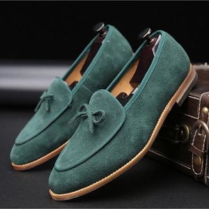 New Men Loafers Green Faux Suede Round Toe Low Heel Small Bow Fashion Business Casual Wedding Party Dress Shoes