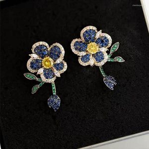 Orecchini a bottone giapponese coreano dolce blu rosa zircone fiore foglia elegante donna tenero floreale delicato romantico gioielli regalo classico