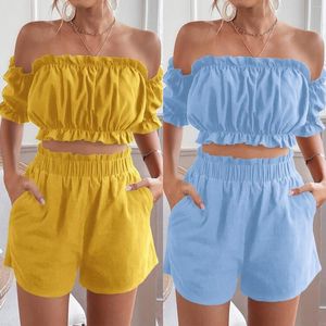 Kvinnors spårdräkter damer toppar shorts set off-shoulder ruffled kvinnor beskära toppen veckad 2 st avslappnad sommar mode kvinnlig kostym