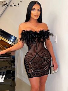 Basic Casual Dresses Znaiml Women Sexy Club Party Night Feather Strapless Birthday Dresses Elegant Backless Mesh See Through Patchwork Sequin Robe 230603