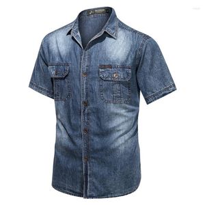 Camisas casuais masculinas jeans curtas masculinas azul claro manga masculina fina algodão fino jeans elástico verão alta qualidade bolsos camisa