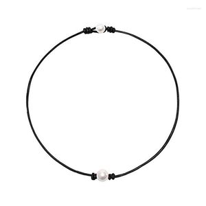 Kedjor Singel One Black Cultured Pearl Choker Halsband på äkta lädersladd Handgjorda smycken för Women Girls Gift 264e