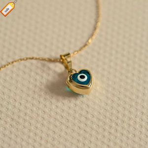 Blue Epoxy Enamel Turkish Heart Shape Evil Eye Gold Plated Pendant Necklace Jewelry