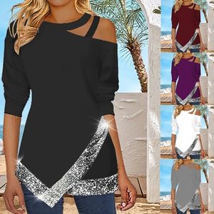 Women's T-Shirt Woomen Fashion Off Shoulder Irregular Sequins Long Sleeve T-shirt Female Casual Large Size Tops Loose Autumn Pullover 230603