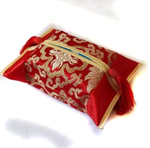 Caixa de lenços bordados clássicos patchwork bolso de viagem caixas de lenços de cetim de seda chinesa capa borla porta-guardanapos de luxo porta-papel bombeamento portátil