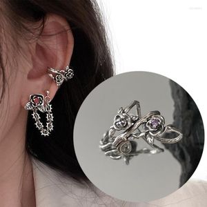 Backs Earrings Purple Zircon Metal Rose Thorns Ear Clip Young Girls Personality Flower For Woman Jewelry Accessories