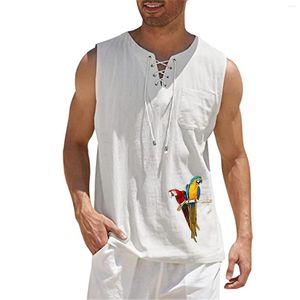 Men's Tank Tops Mens Summe Cotton Linen Sleeveless Shirt Loose Lace Up V-neck Shirts Male Streetwear Casual Tees Parrot Printed