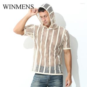 Men's T Shirts Summer Men's See Inner Hoodie T-Shirts Mesh Fishnet Gay Funny Short Sleeve Tee Male Sexy Breathable Tops Youth Dance Wear