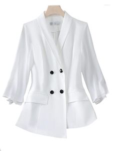 Women's Suits Spring Summer Women Formal Blazer Ladies Female Blue White Solid Three Quarter Sleeve Jacket Coat For Business Work Wear