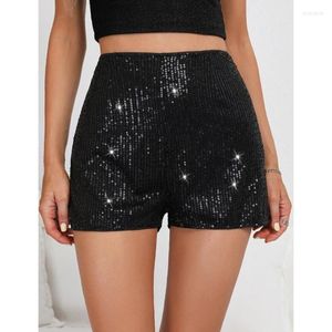 Damen Shorts Paillette Tummys Control Schwarz Glänzende A-Linie Rüschen Elegante Hose