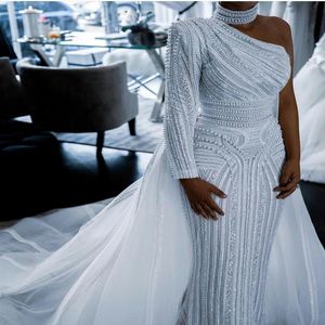 Luxury Beading 2021 Mermaid Wedding Dresses With Detachable Train One Shoulder Long Sleeve Bridal Gowns Plus Size Wedding Dress229p