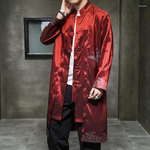 Roupas étnicas Estilo Chinês Fino Tang Terno Jaqueta Longo Hanfu Cetim Seda Casaco Corta-vento Robe Vestido Plus Size Masculino Ano Trajes 5XL