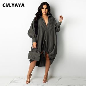 ドレスcm.yayaの女性長袖ボタンのドローストリングヘムルーズブラウスシャツスタイルドレスヴィンテージインファッションベーシックドレス