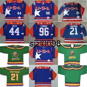 Sj98 Mighty Ducks D2 Movie Team USA Hockey-Trikot 21 Dean Portman 44 Fulton Reed 96 Charlie Conway Herren-Eishockey-Trikots, 100 % genäht