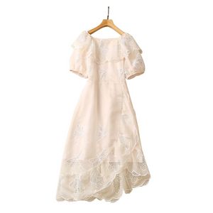 Sommarprikosdragare broderi klänning Kort ärm Square Neck Paneled Midi Casual Dresses A3A101512