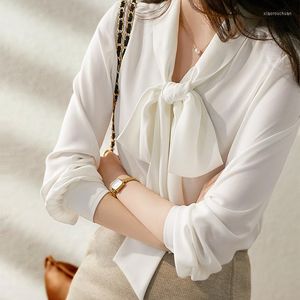 Damenblusen 2023 Damen-Arbeitskleidung, weiße Chiffon-Bluse, elegantes Langarm-Fliege-Hemd, lässig, solide Bluas, weibliche Büro-Oberteile, schicke Hemden