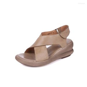 Sandalen Sommer 507 Frauen Fashion Klassiker Ethnisches Retro-Echtes Leder-Slip-on-Flach mit runden Zehe Freizeitschuhen Braun 35-40