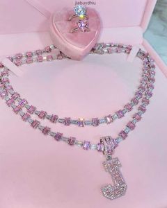 Iced Out CZ Cubic Zirconia Chains Pink Iy Custom Pendant Personligt namn Pendants Baguette Necklace For Women